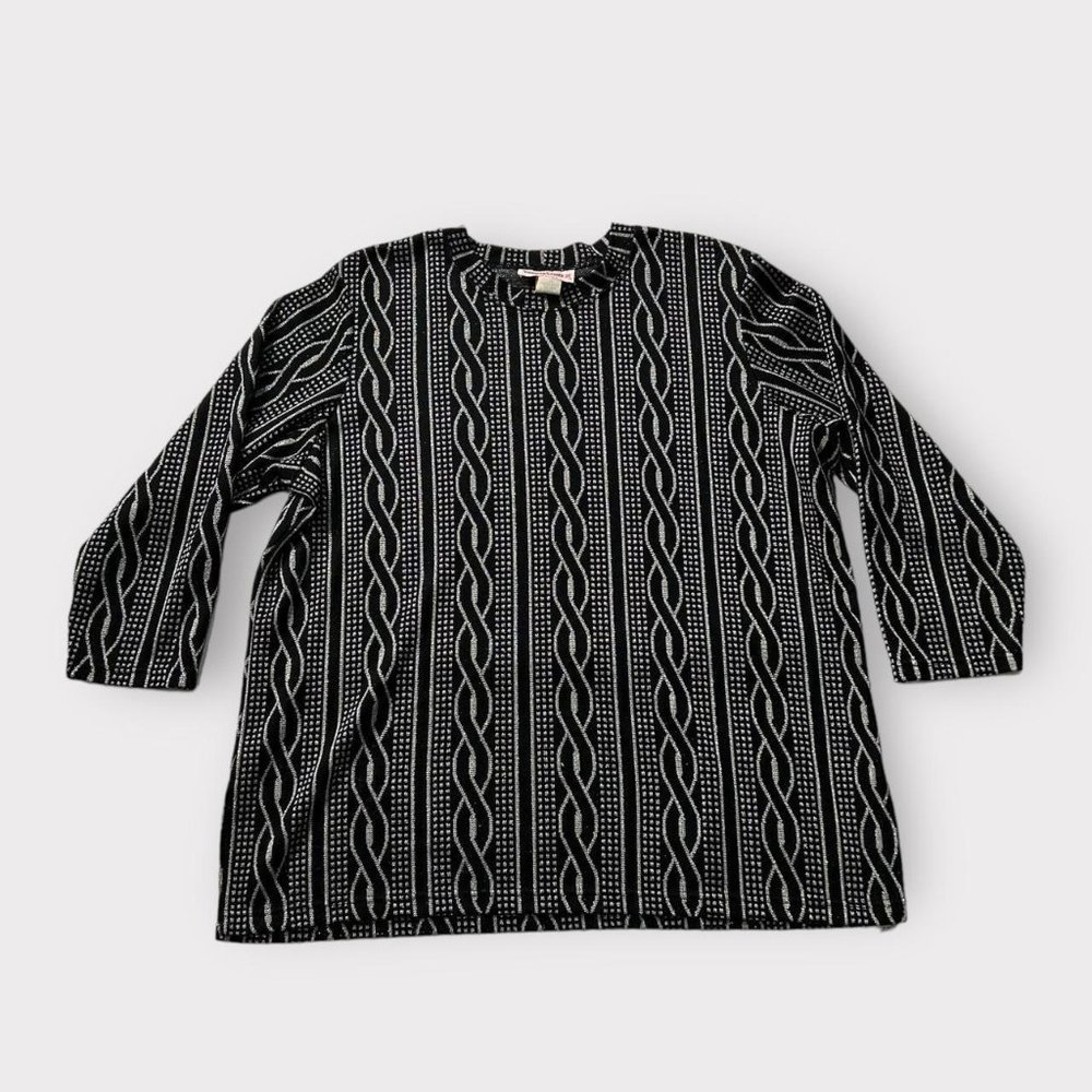 Vintage 80s black and silver abstract striped metallic pattern with 3/4 sleeves